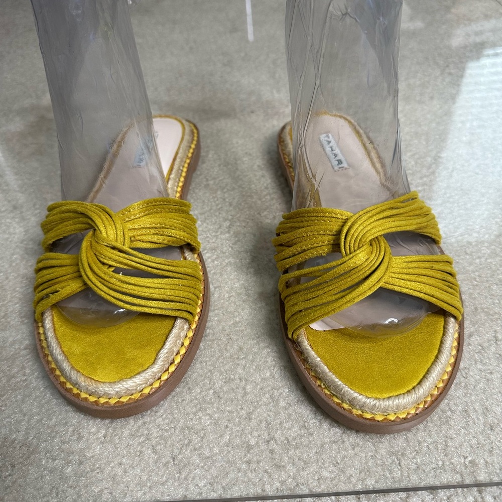 TAHARI MUSTARD YELLOW SUEDE STRAPPY CAILYN SANDALS SLIDES SZ 7 1/2